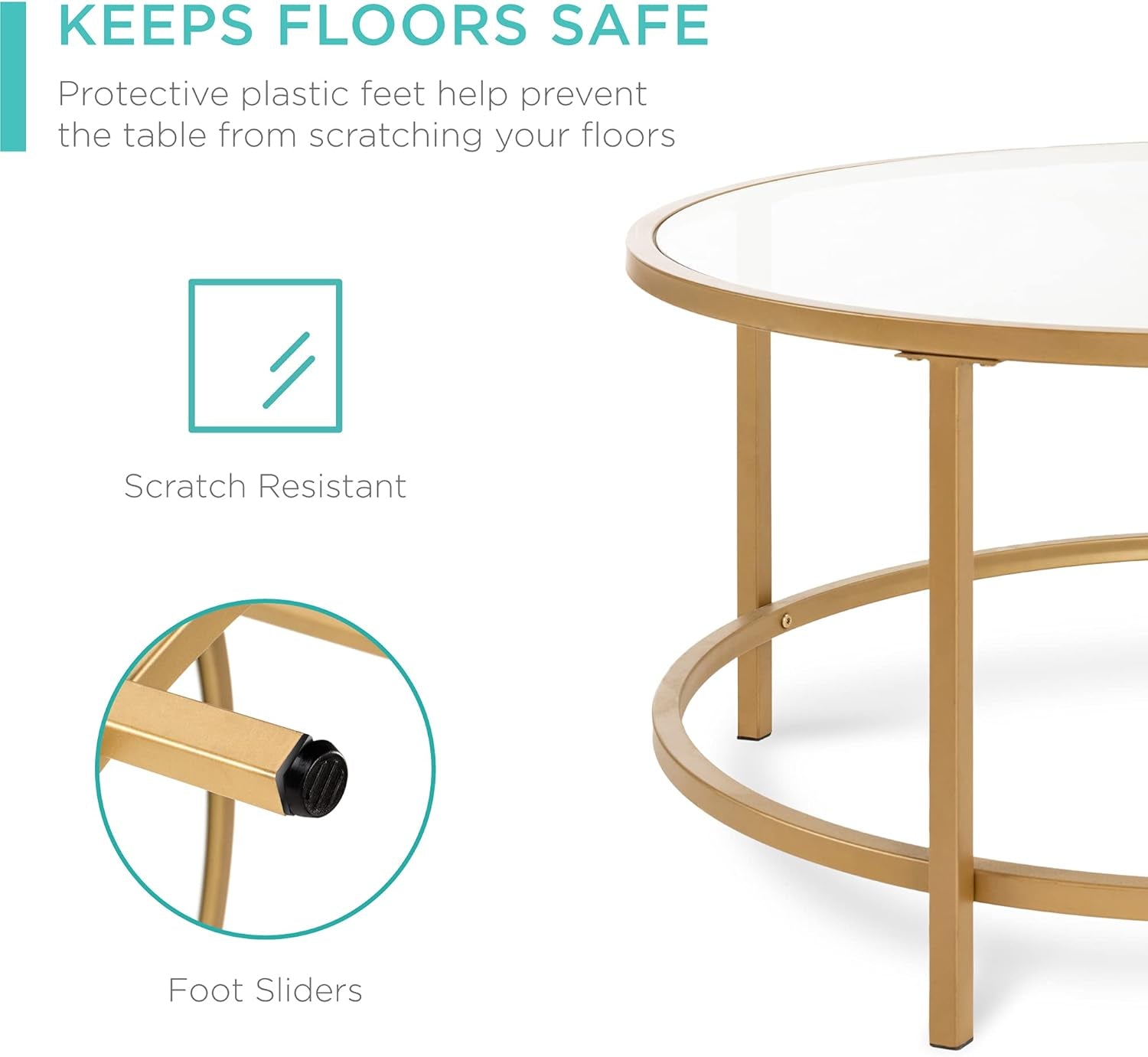 36In Modern round Tempered Glass Accent Side Coffee Table for Living Room, Dining Room, Tea, Home Décor W/Satin Trim, Metal Frame, Non-Marring Foot Caps - Bronze Gold