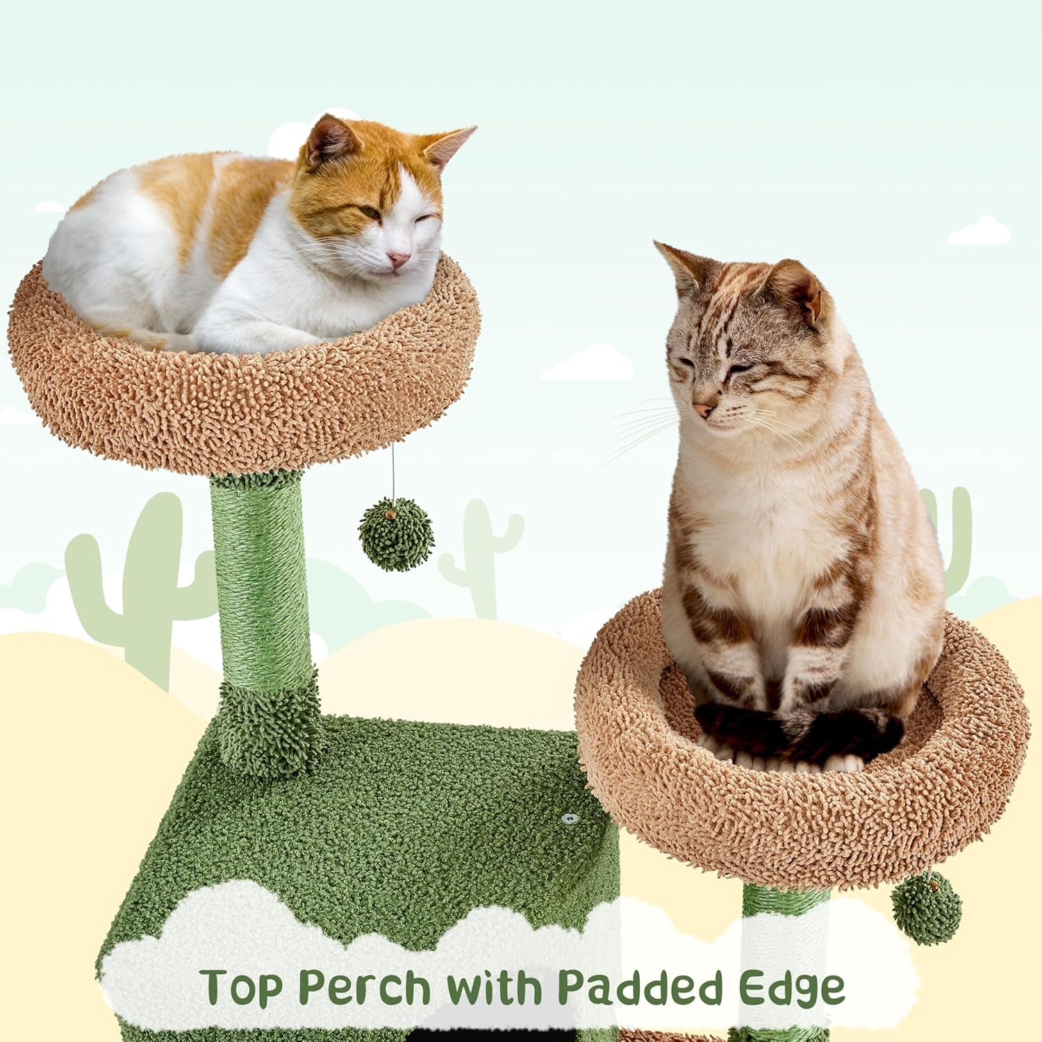 Cactus Cat Tree, 66In Cat Tower for Indoor Cats, Multi-Level Cat Tree with Large Condos &amp; Ramp, Pet Play House with Padded Perch, Platforms, Basket &amp; Hanging Ball, Green/Brown