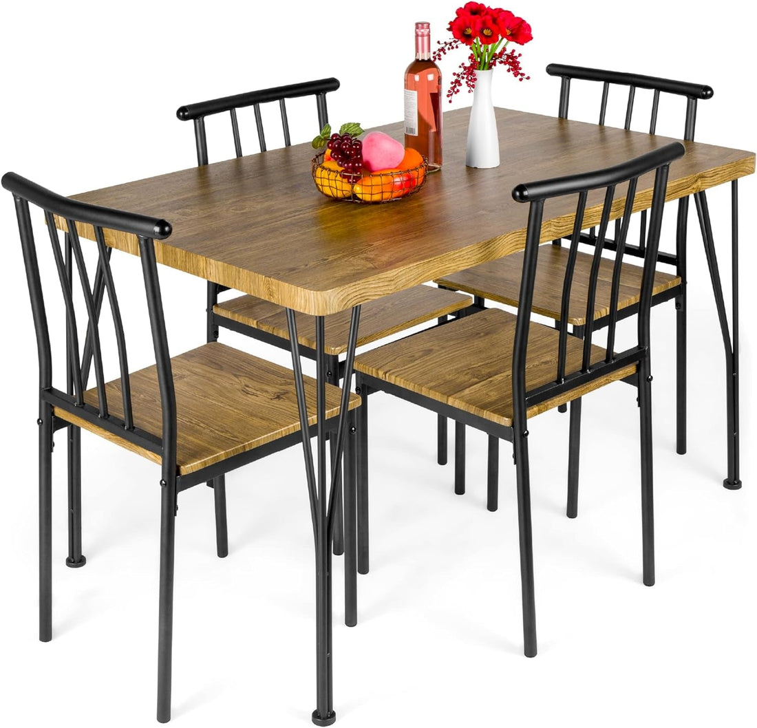 5-Piece Metal and Wood Indoor Modern Rectangular Dining Table Furniture Set for Kitchen, Dining Room, Dinette, Breakfast Nook W/ 4 Chairs - Brown