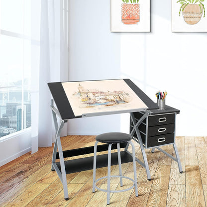 Tilted Drafting Table and Stool with Drawers