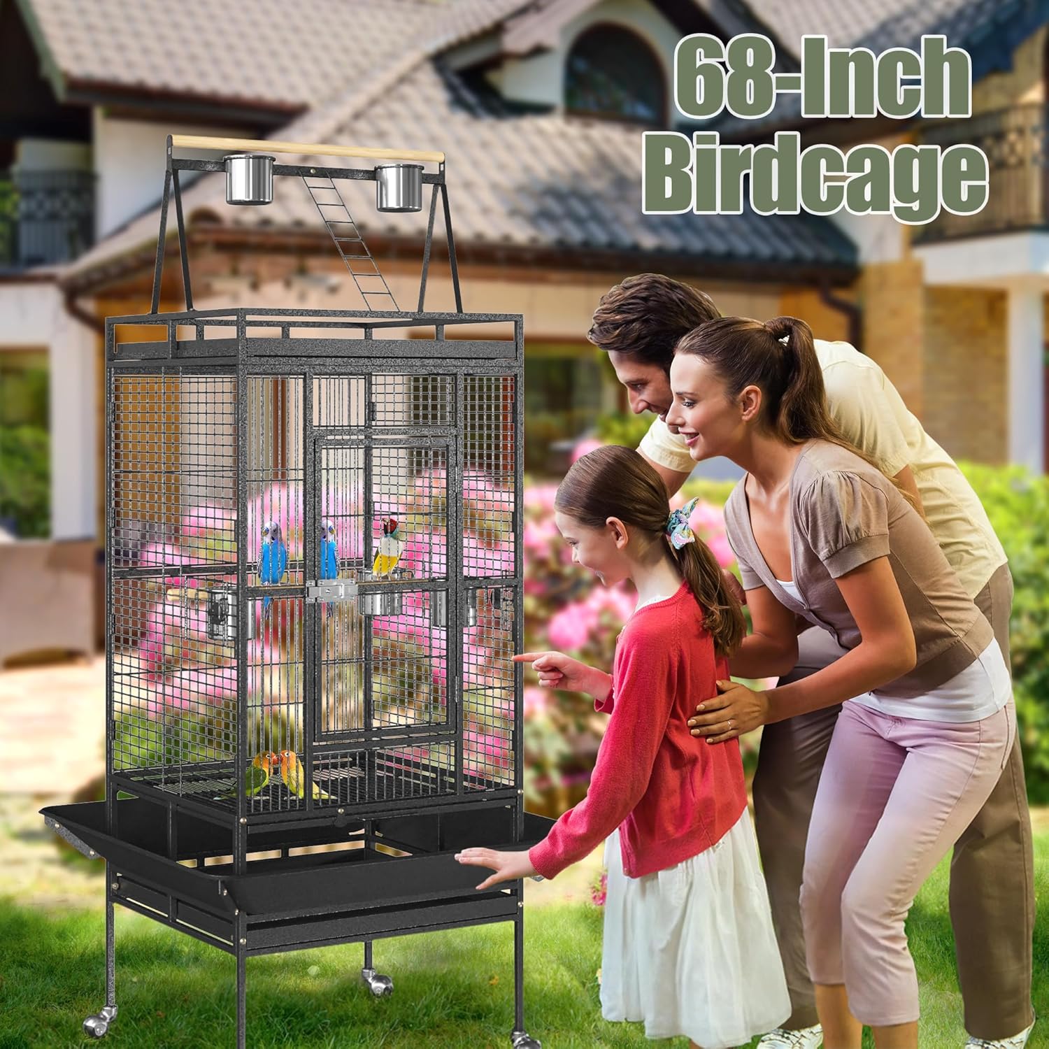 68-Inch Heavy-Duty Wrought Iron Bird Cage with Rolling Stand Birdcage