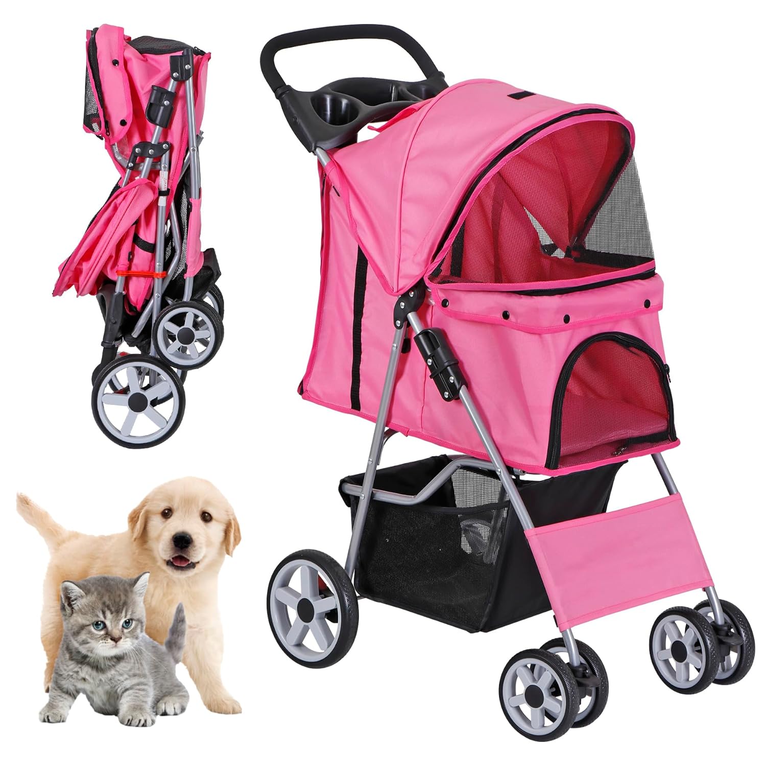 Foldable Cat/Dog Stroller with 4 Wheel with Storage Basket &amp; Cup Holder