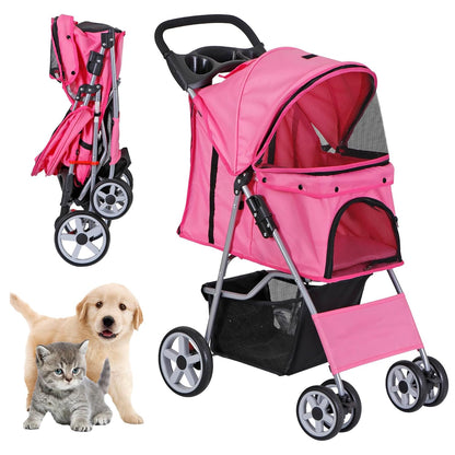 Foldable Cat/Dog Stroller with 4 Wheel with Storage Basket &amp; Cup Holder