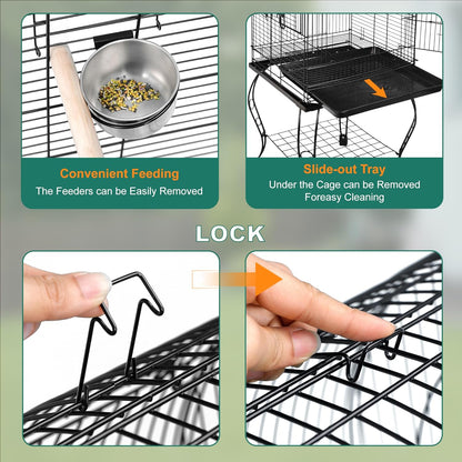 63.5 Inch Open-Top Wrought Iron Bird Cage with Slide-Out Tray + Detachable Rolling Stand