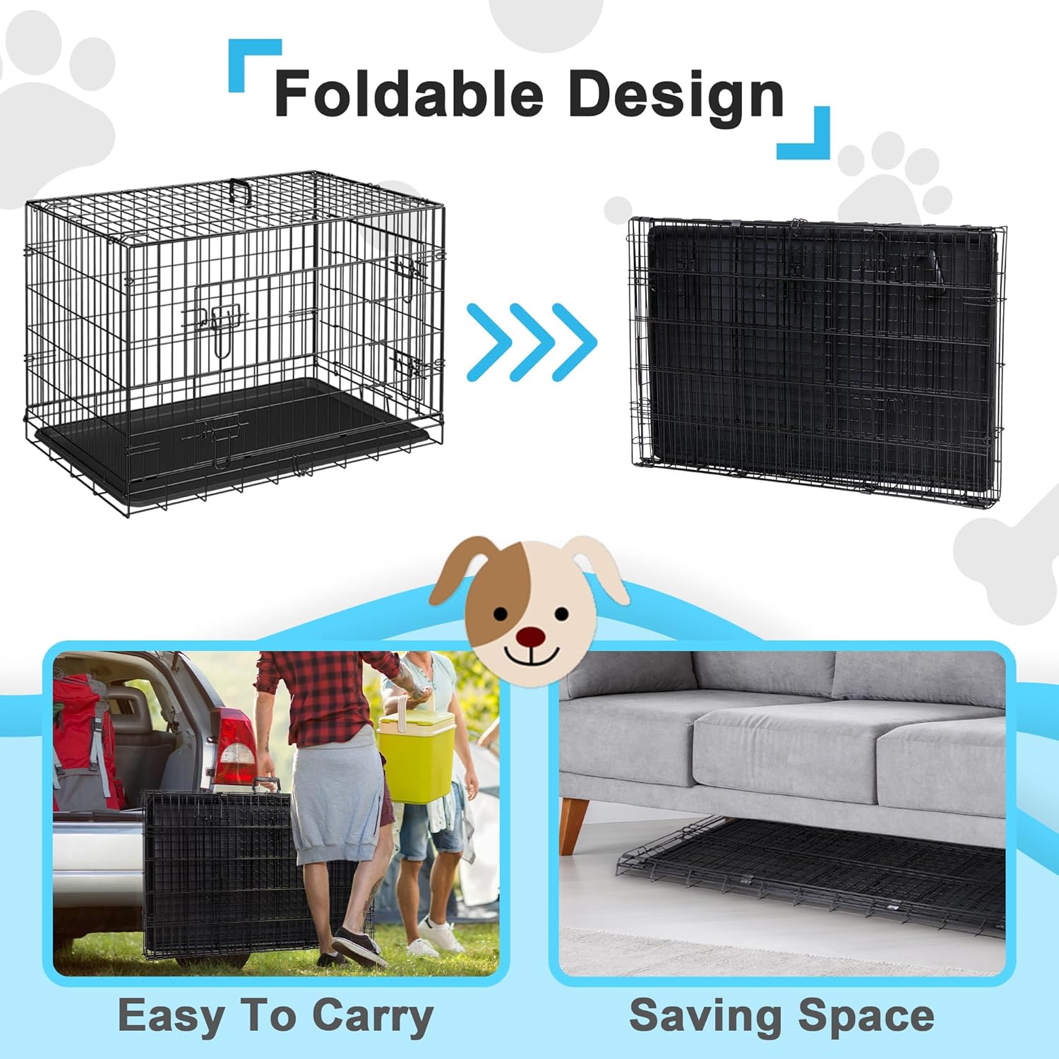 30/36/42 Inch Dog Crate Double Door Folding Metal Dog Crate Kennel with Tray and Handle