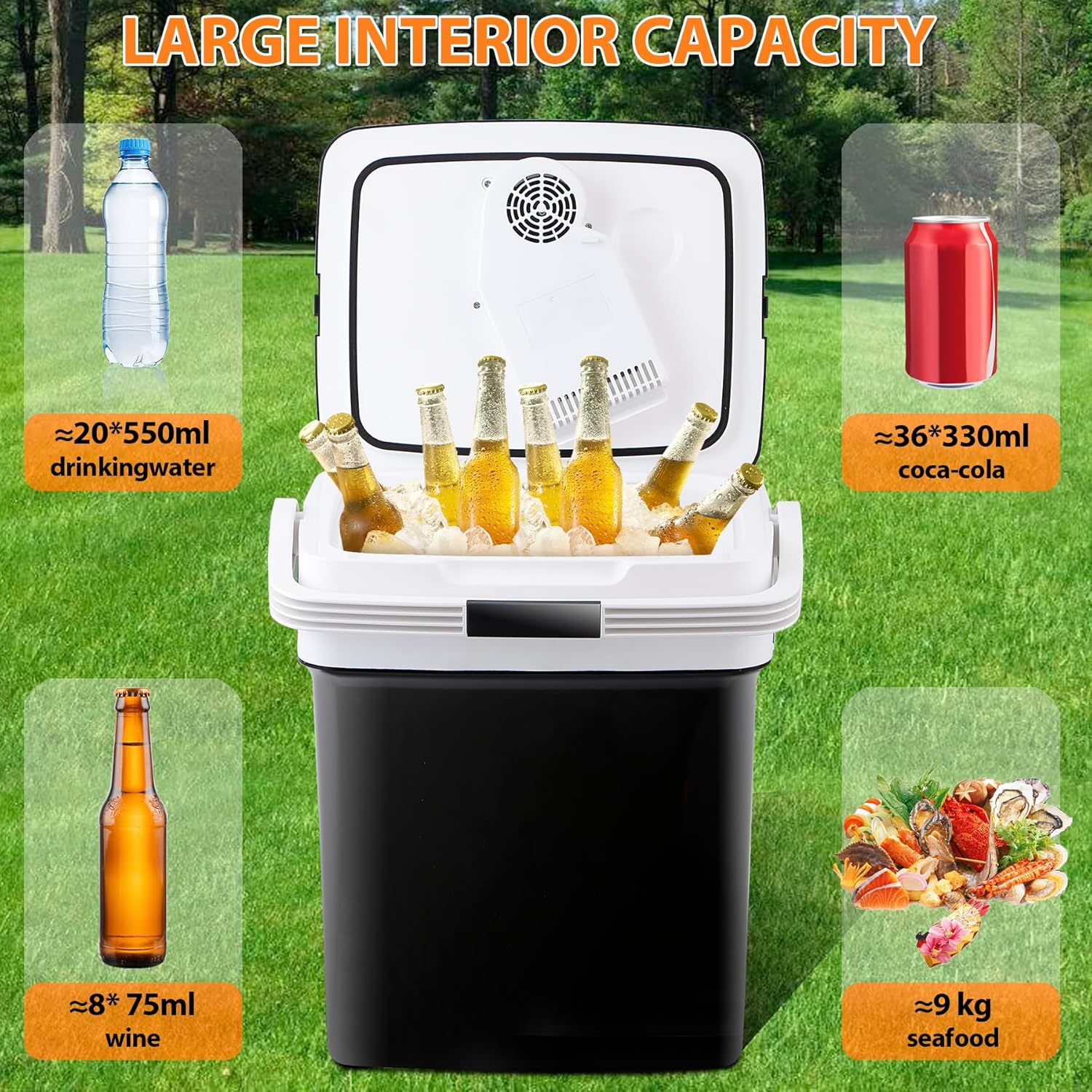 28 Quart Portable Mini Fridge Electric Cooler &amp; Warmer for Car - 12V DC Travel Refrigerator with Locking Handle