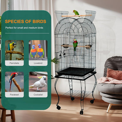 63.5 Inch Open-Top Wrought Iron Bird Cage with Slide-Out Tray + Detachable Rolling Stand