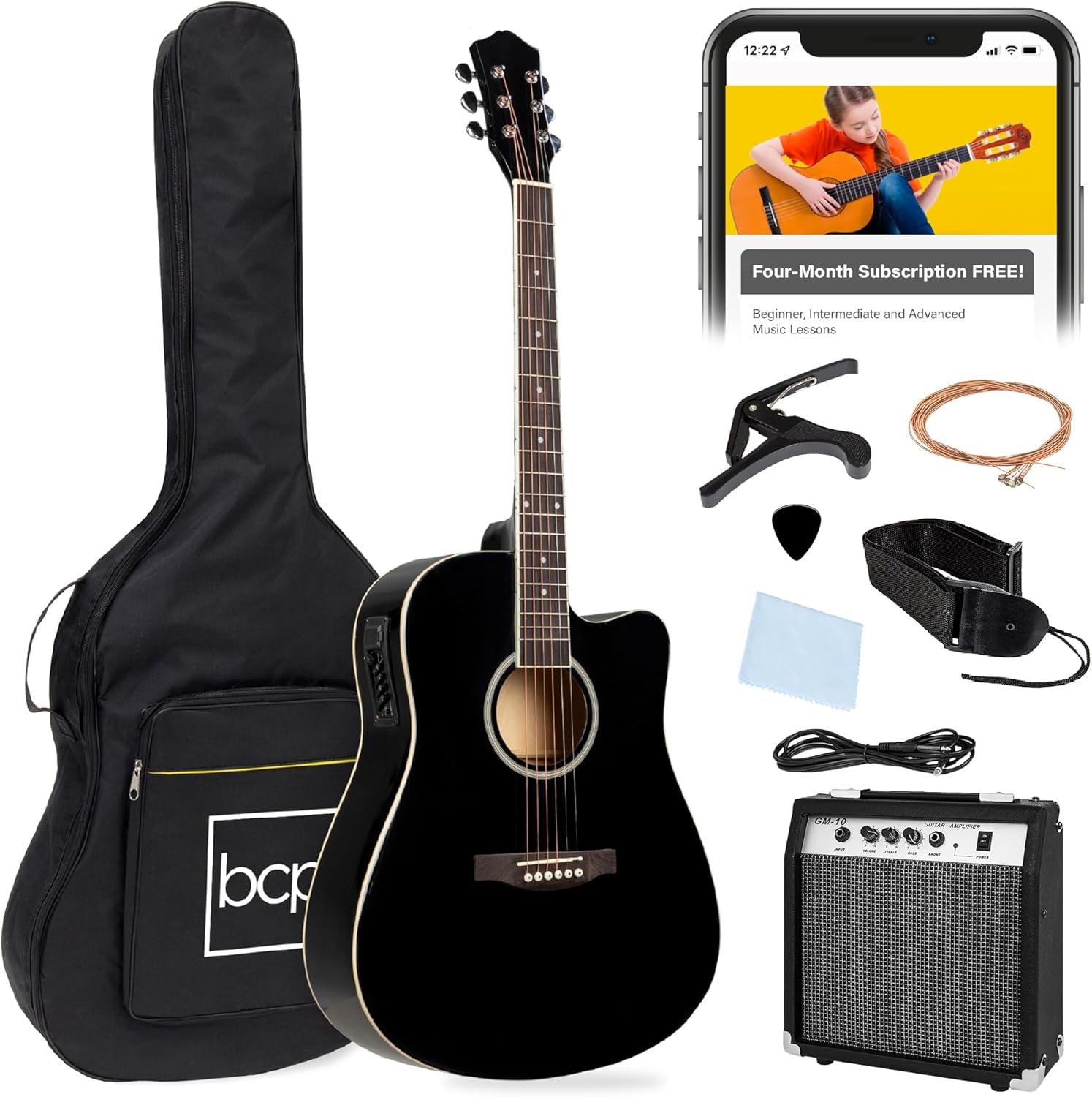 Beginner Acoustic Electric Guitar Starter Set W/ 41In, All Wood Cutaway Design, Case, Strap, Picks - Black