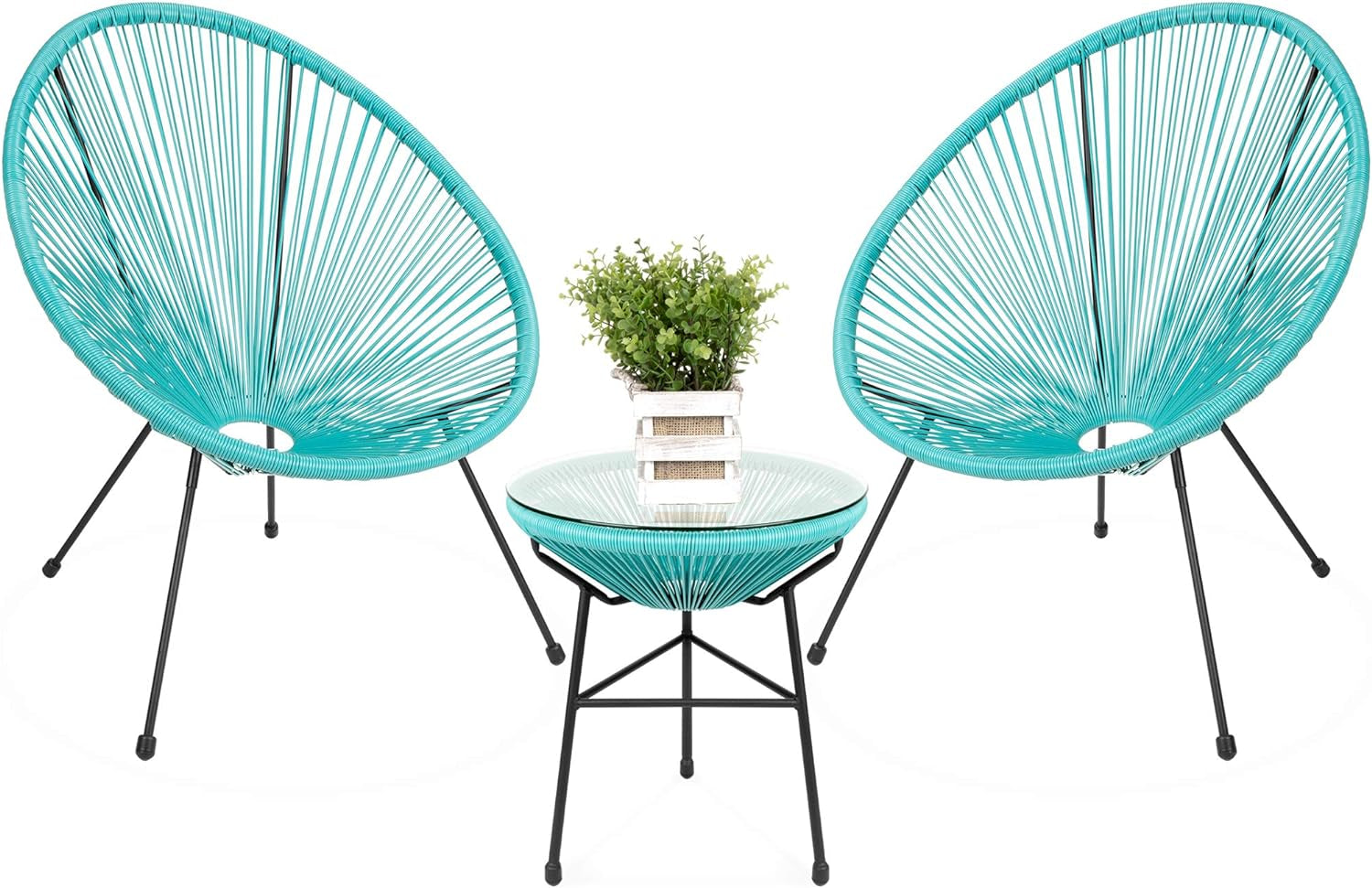 3-Piece Outdoor Acapulco All-Weather Patio Conversation Bistro Set W/Plastic Rope, Glass Top Table and 2 Chairs - Light Blue