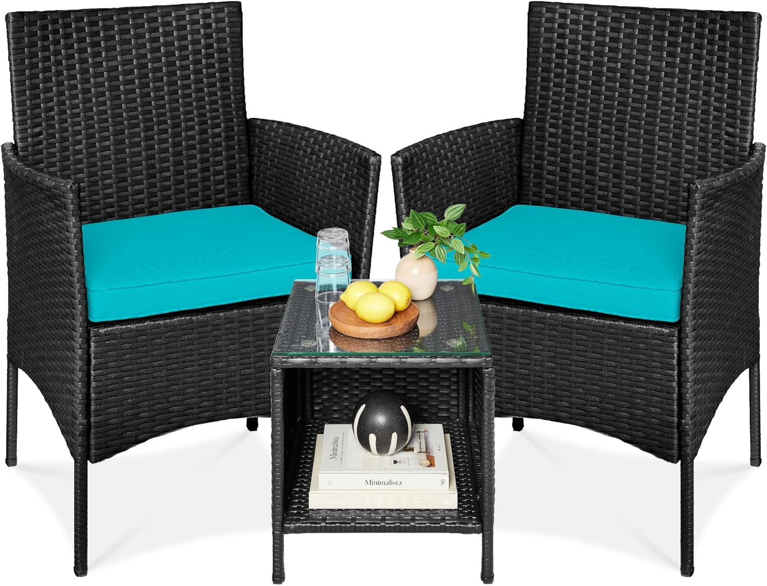 3-Piece Outdoor Wicker Conversation Bistro Set, Space Saving Patio Furniture for Garden W/Side Table - Gray/Navy