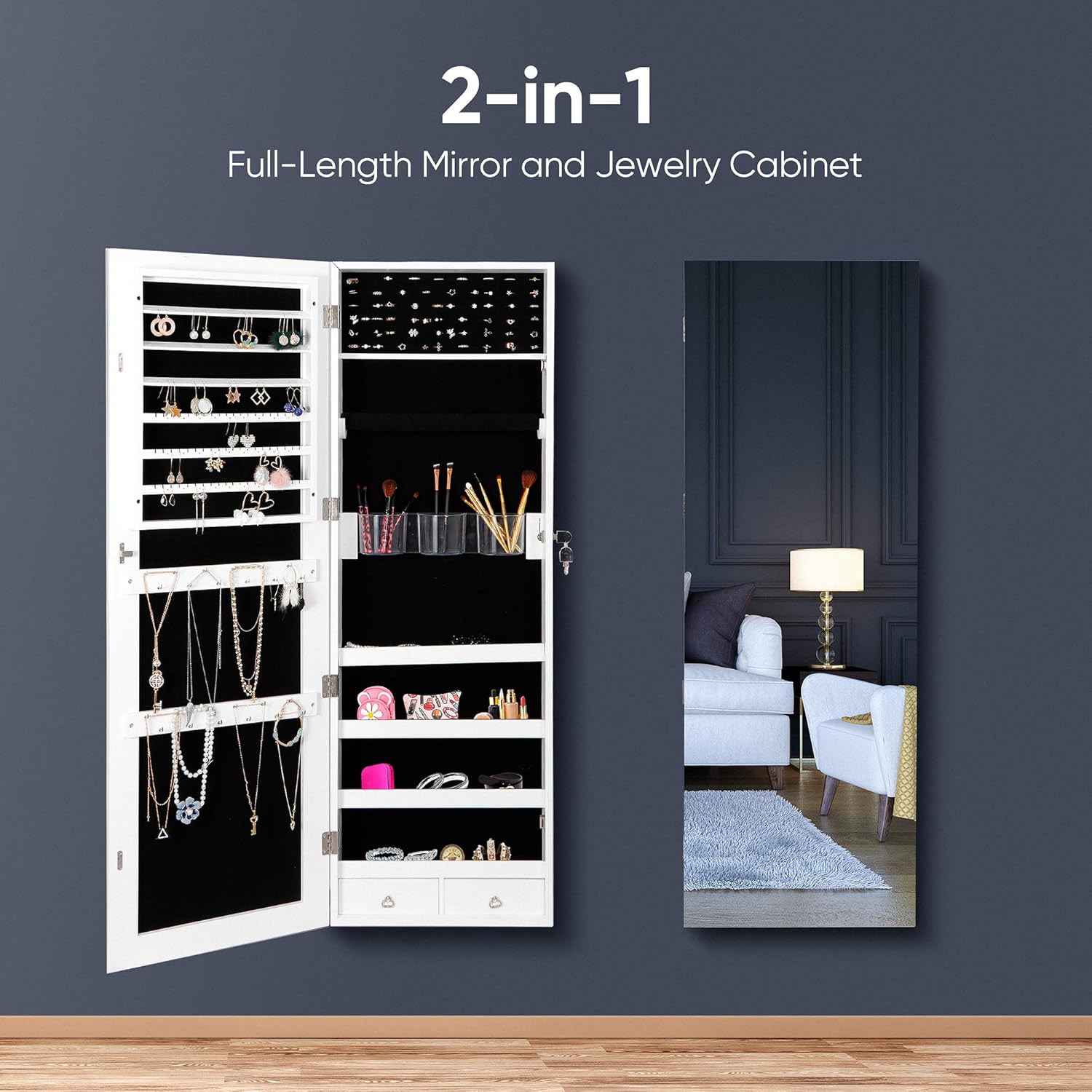 Wall Mounted Full Length Mirror with Jewelry Storage