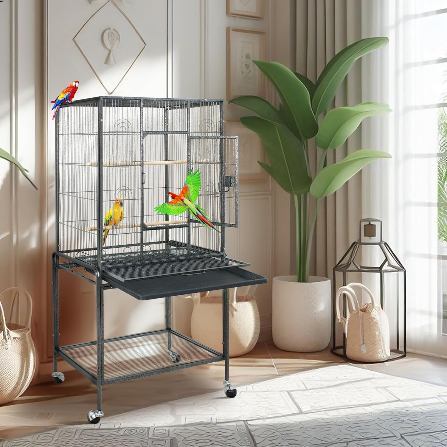 53-Inch Wrought Iron Standing Large with Rolling Stand Bird Flight Cage