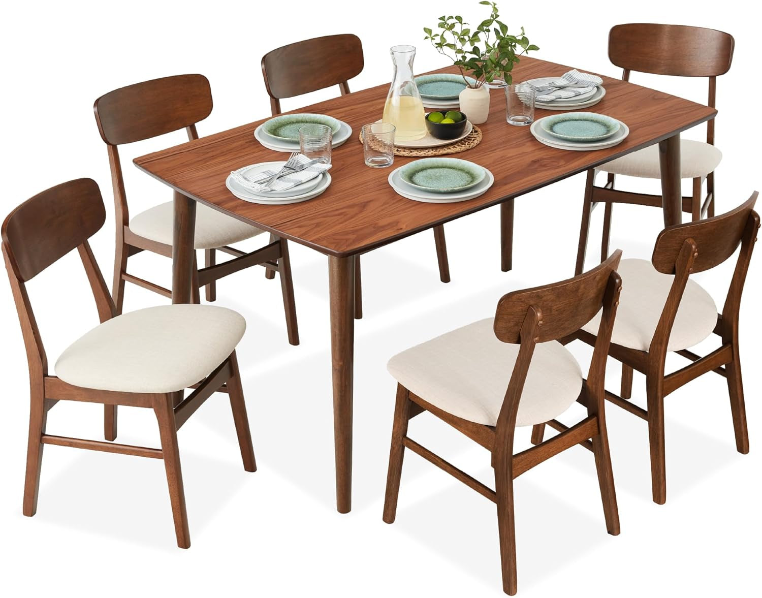 7-Piece Wooden Dining Set, Mid-Century Modern Table &amp; Upholstered Chair Set W/ 6 Chairs, Rubberwood Legs - Walnut/Cream