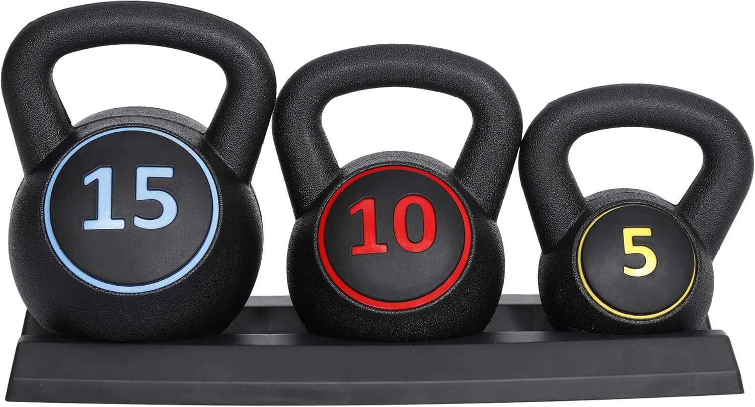 3-Piece Heavy Duty Kettlebell Set with Storage Rack for Weightlifting