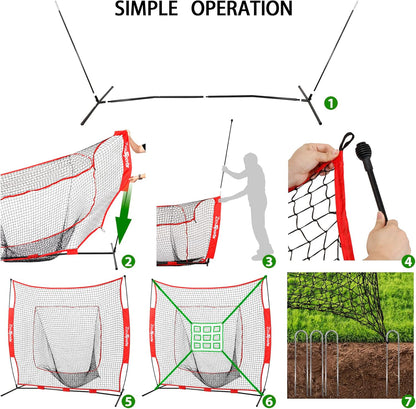 7x7 Baseball Softball Practice Hitting Net with Batting Tee Pratice Pitching Batting Fielding with Strike Zone Target and Carrying Bag