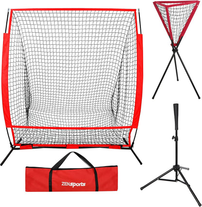 5×5 Baseball Softball Practice Net Hitting Catching Pitching Net + Batting Tee + Baseball Caddy Stand,Baseball Backstop Training Equipment Combo