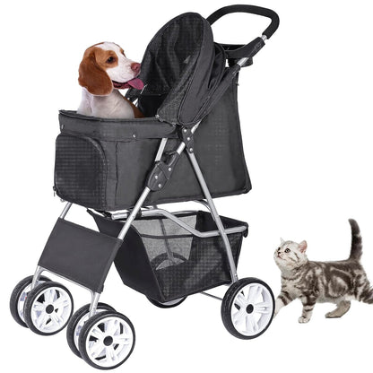 Foldable Cat/Dog Stroller with 4 Wheel with Storage Basket &amp; Cup Holder