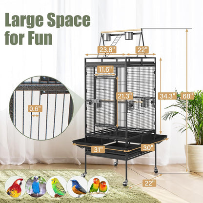 68-Inch Heavy-Duty Wrought Iron Bird Cage with Rolling Stand Birdcage