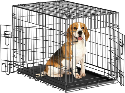 30/36/42 Inch Dog Crate Double Door Folding Metal Dog Crate Kennel with Tray and Handle