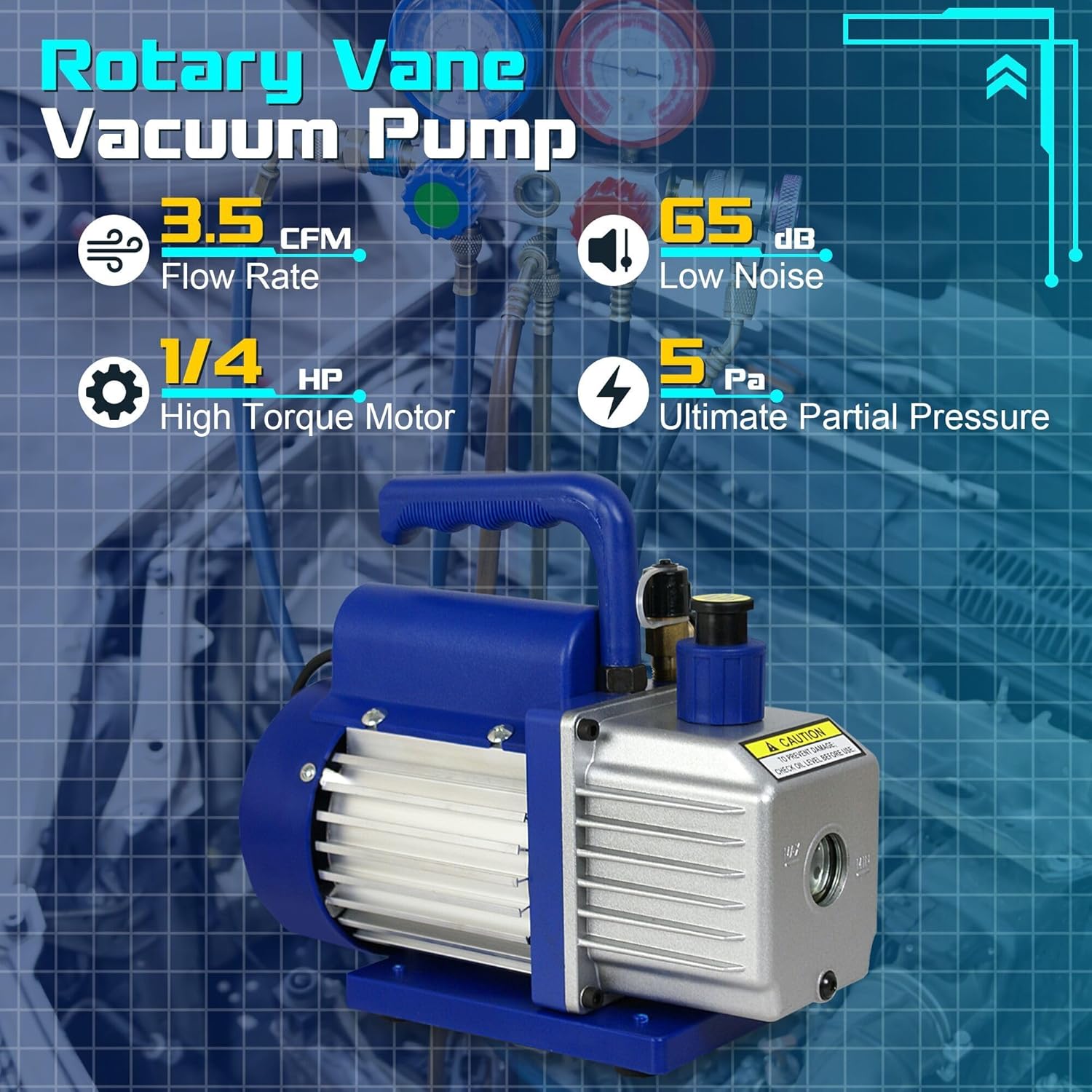 3.5CFM Single-Stage 5 Pa Rotary Vane Economy Vacuum Pump 3 CFM 1/4HP Air Conditioner Refrigerant HVAC Air Tool R410a 1/4&quot; Flare Inlet Port - Blue