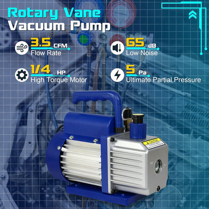 3.5CFM Single-Stage 5 Pa Rotary Vane Economy Vacuum Pump 3 CFM 1/4HP Air Conditioner Refrigerant HVAC Air Tool R410a 1/4&quot; Flare Inlet Port - Blue