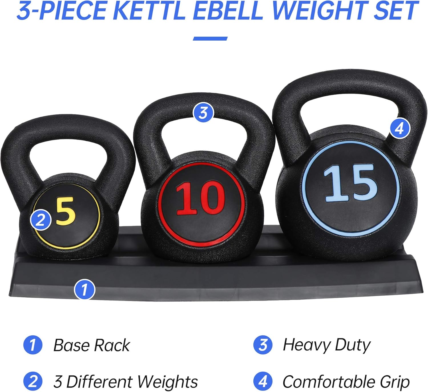 3-Piece Heavy Duty Kettlebell Set with Storage Rack for Weightlifting