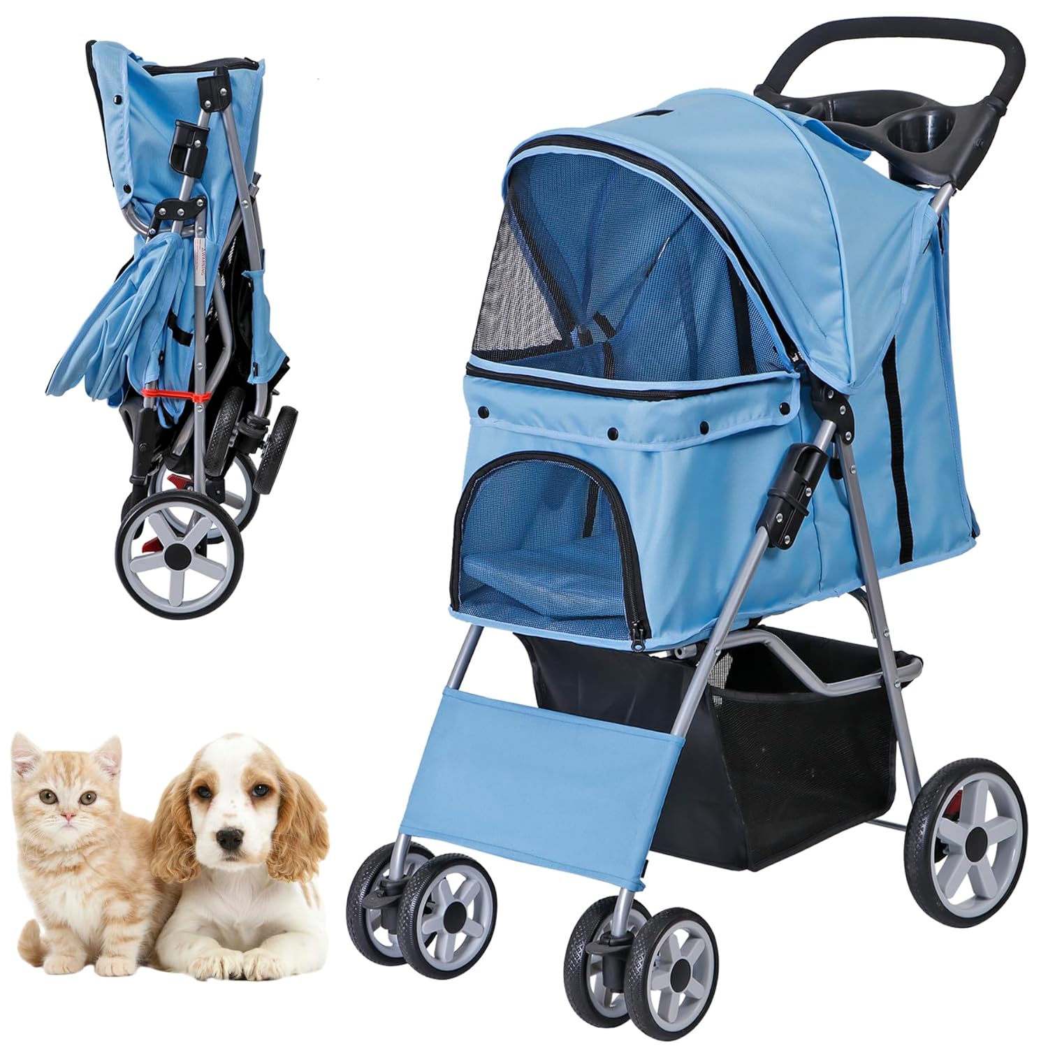 Foldable Cat/Dog Stroller with 4 Wheel with Storage Basket &amp; Cup Holder