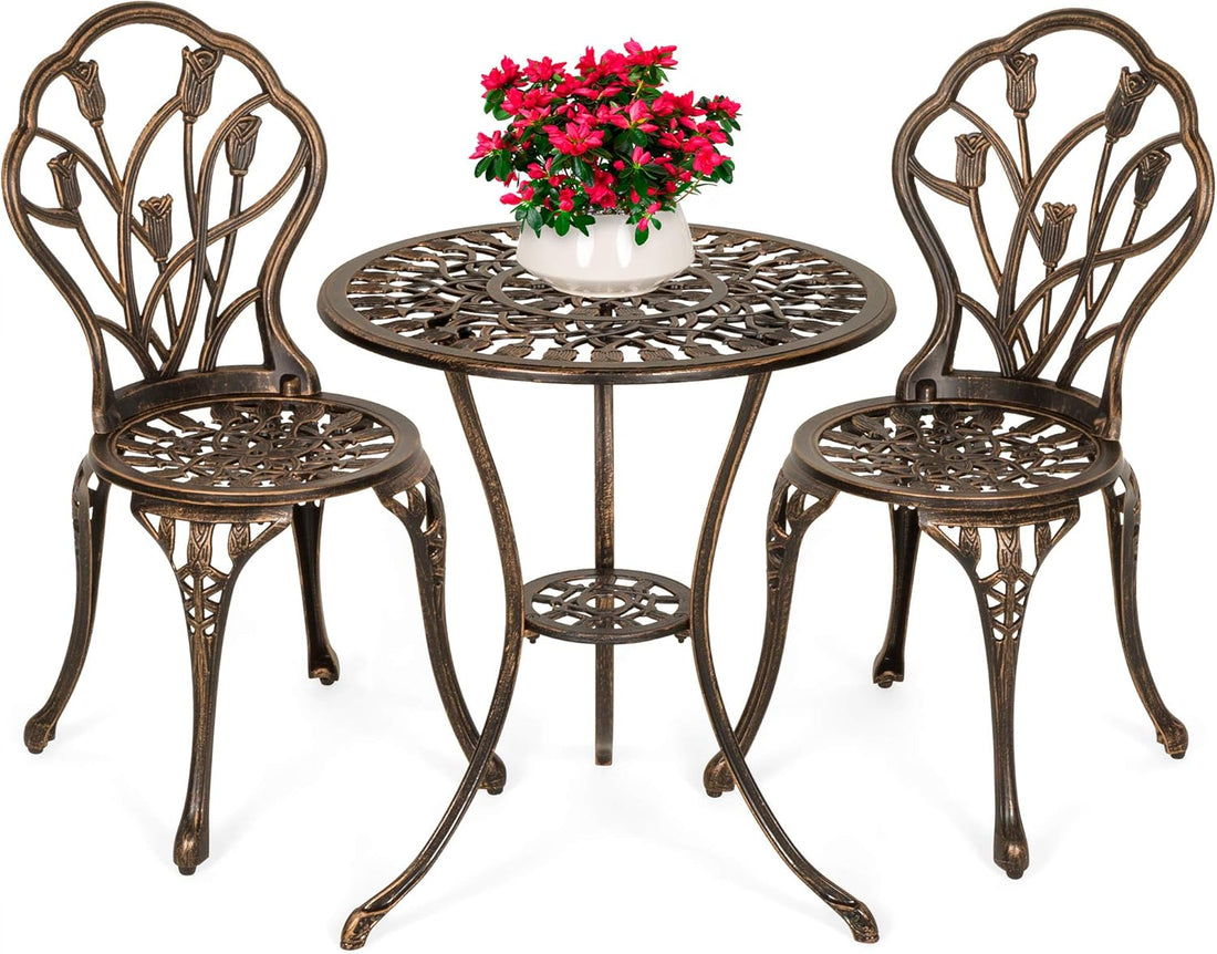 3-Piece Outdoor Rust-Resistant Cast Aluminum Patio Bistro Set W/Tulip Design