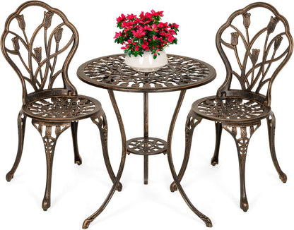 3-Piece Outdoor Rust-Resistant Cast Aluminum Patio Bistro Set W/Tulip Design