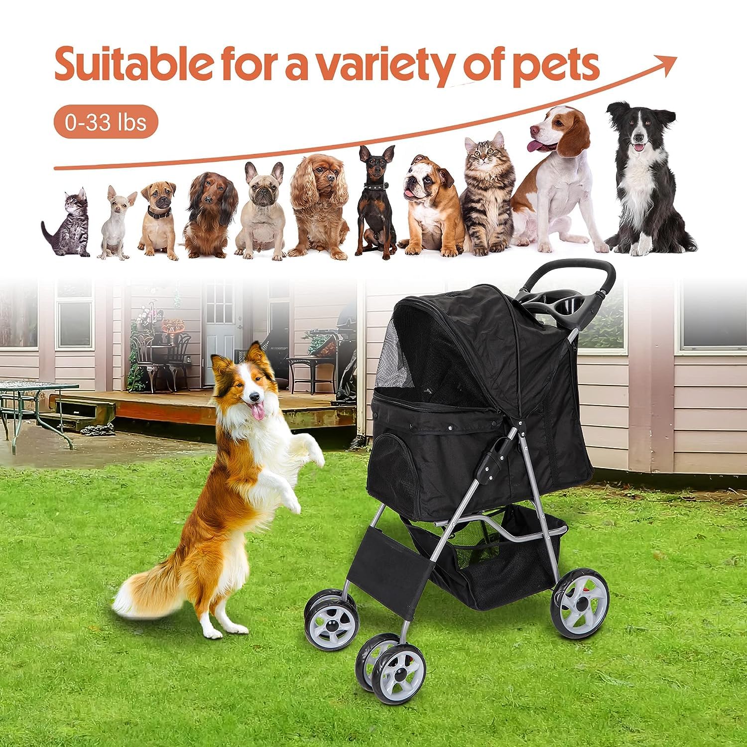 Foldable Cat/Dog Stroller with 4 Wheel with Storage Basket &amp; Cup Holder