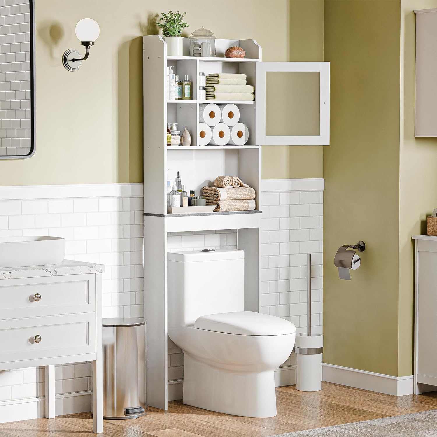 Freestanding Over The Toilet Storage Cabinet with Adjustable Shelf and Double Doors