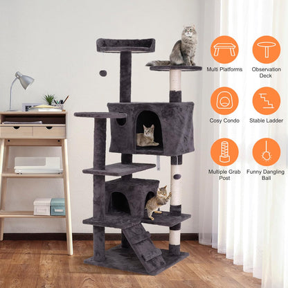 Cat Tree with Sisal-Covered Scratching Posts and 2 Plush Rooms