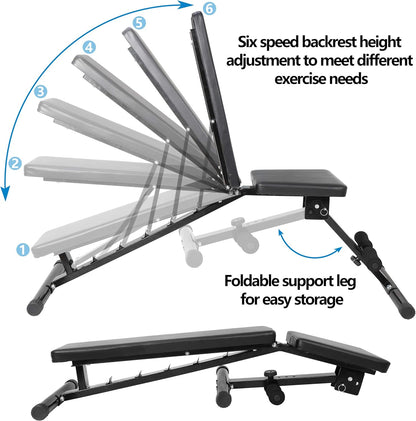 6 Backrest Positions Adjustable Exercise Bench Max Weight 700 LB