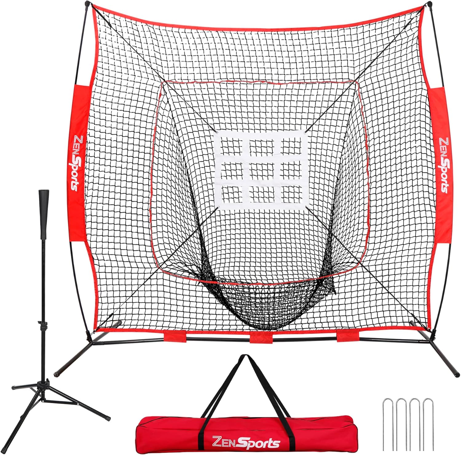 7x7 Baseball Softball Practice Hitting Net with Batting Tee Pratice Pitching Batting Fielding with Strike Zone Target and Carrying Bag