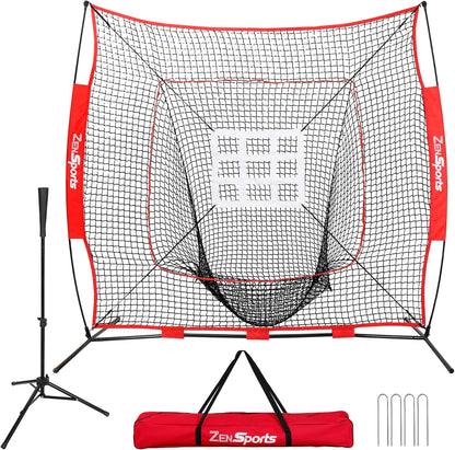 7x7 Baseball Softball Practice Hitting Net with Batting Tee Pratice Pitching Batting Fielding with Strike Zone Target and Carrying Bag