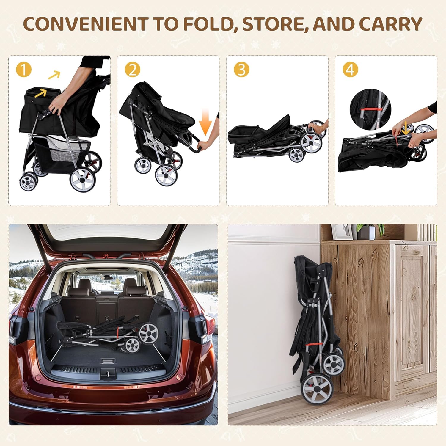 Foldable Cat/Dog Stroller with 4 Wheel with Storage Basket &amp; Cup Holder