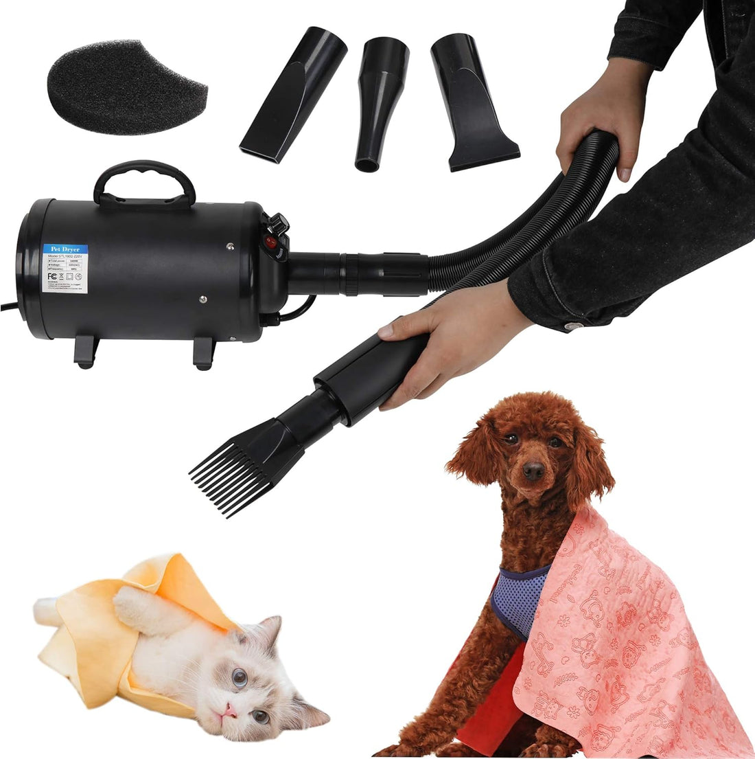 2400W Speed-Adjustable Pet Hair Dryer with 4 Different Nozzles + 2 Filter