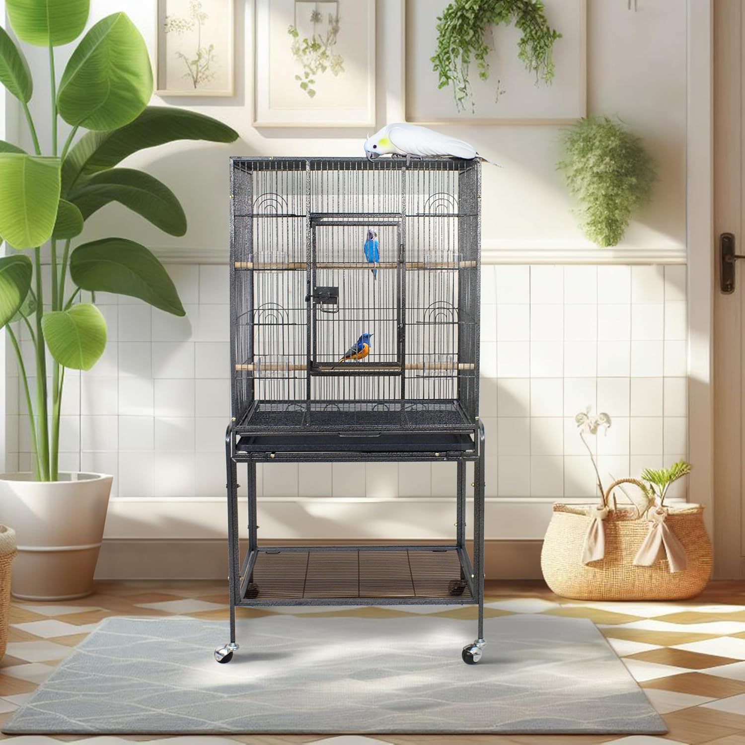 53-Inch Wrought Iron Standing Large with Rolling Stand Bird Flight Cage