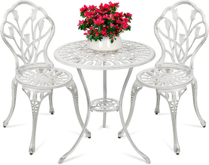 3-Piece Outdoor Rust-Resistant Cast Aluminum Patio Bistro Set W/Tulip Design