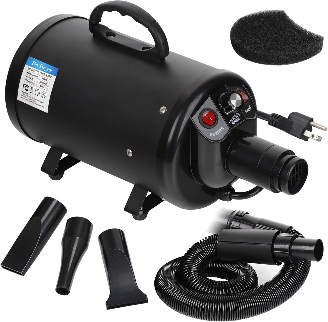 2400W Speed-Adjustable Pet Hair Dryer with 4 Different Nozzles + 2 Filter