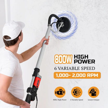 800W Electric Drywall Sander Adjustable Variable Speed w/ 6 Sand Pads