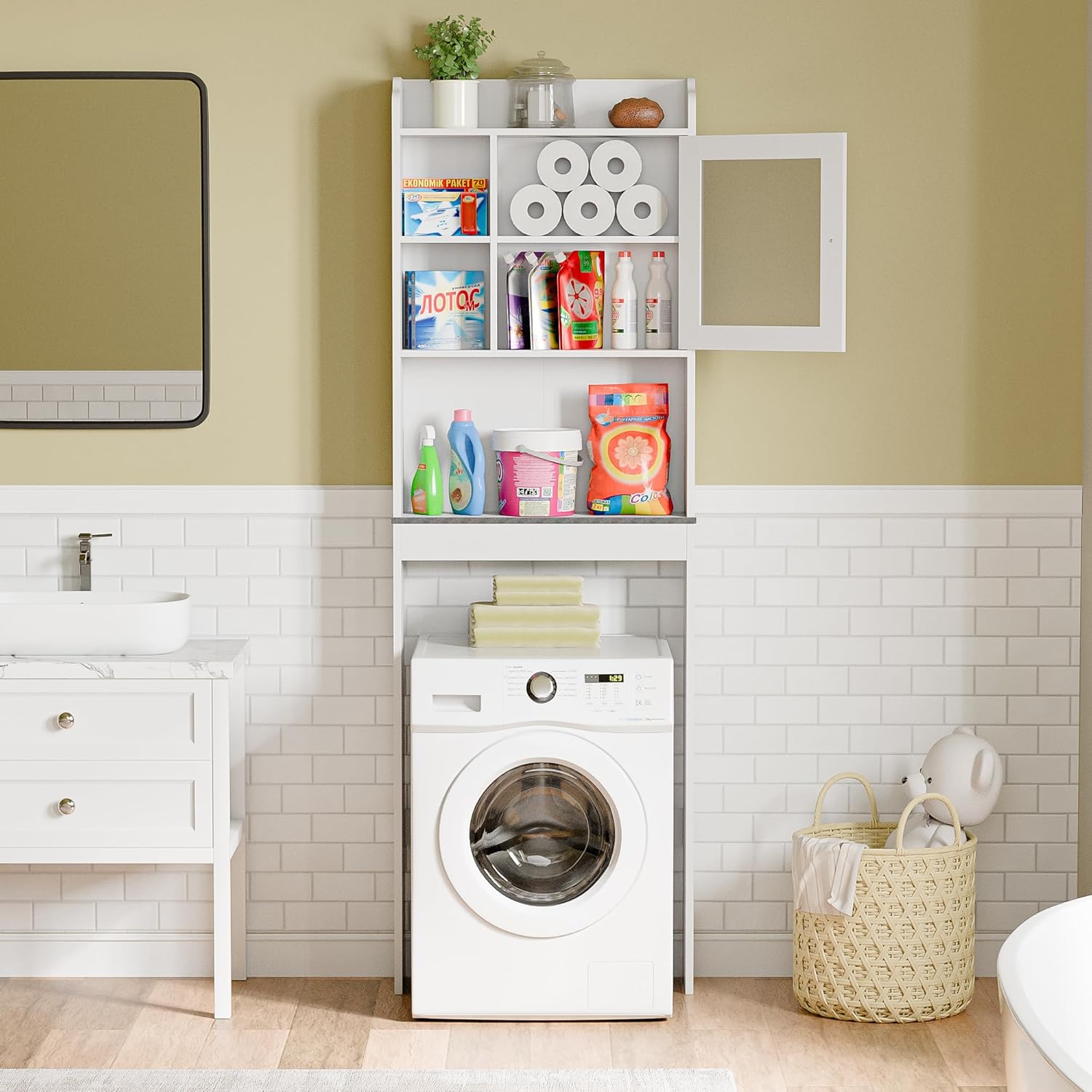 Freestanding Over The Toilet Storage Cabinet with Adjustable Shelf and Double Doors