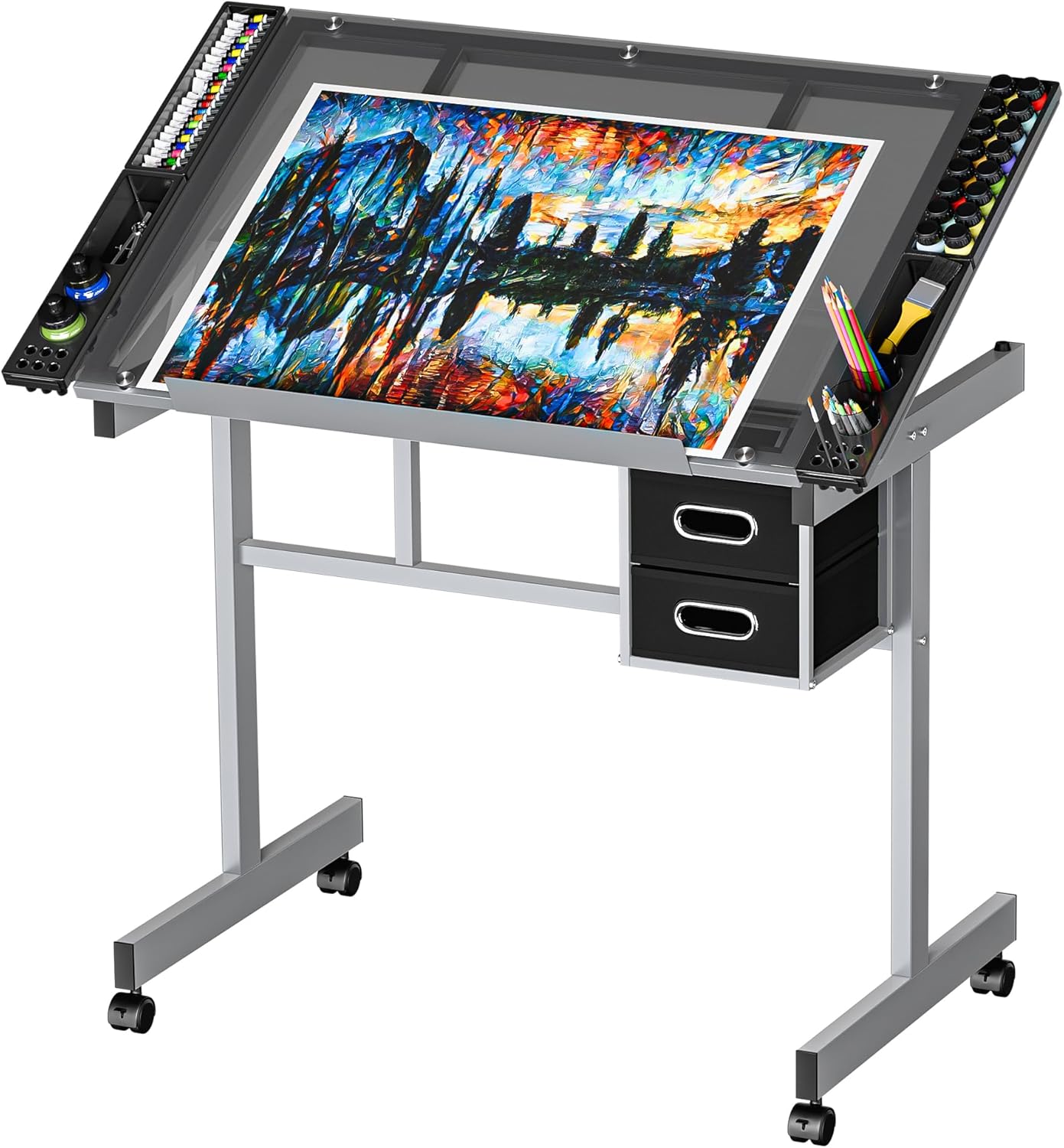 Adjustable Glass Tabletop Drafting Table on Wheels with Storage Drawers