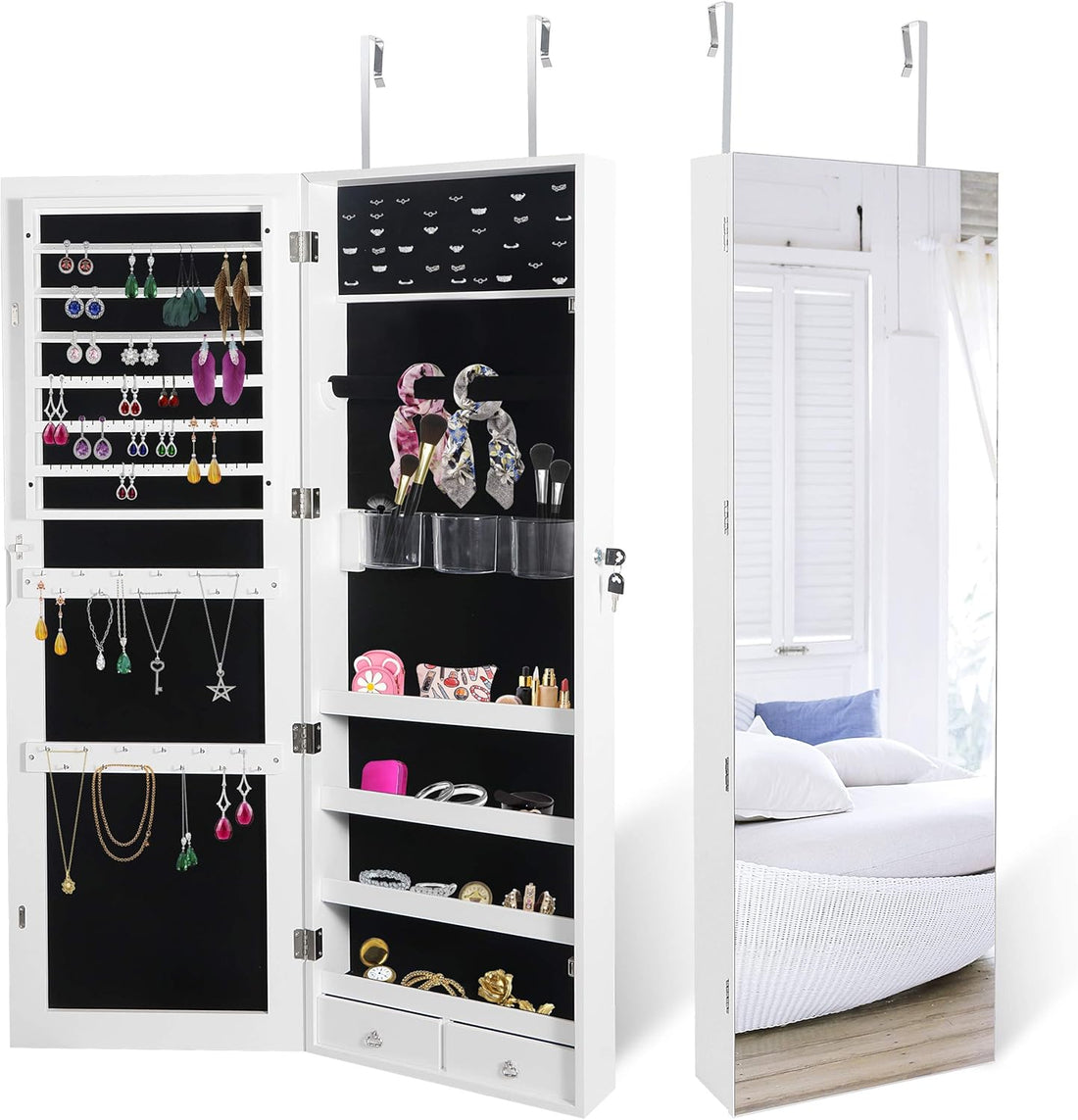 Wall Mounted Full Length Mirror with Jewelry Storage