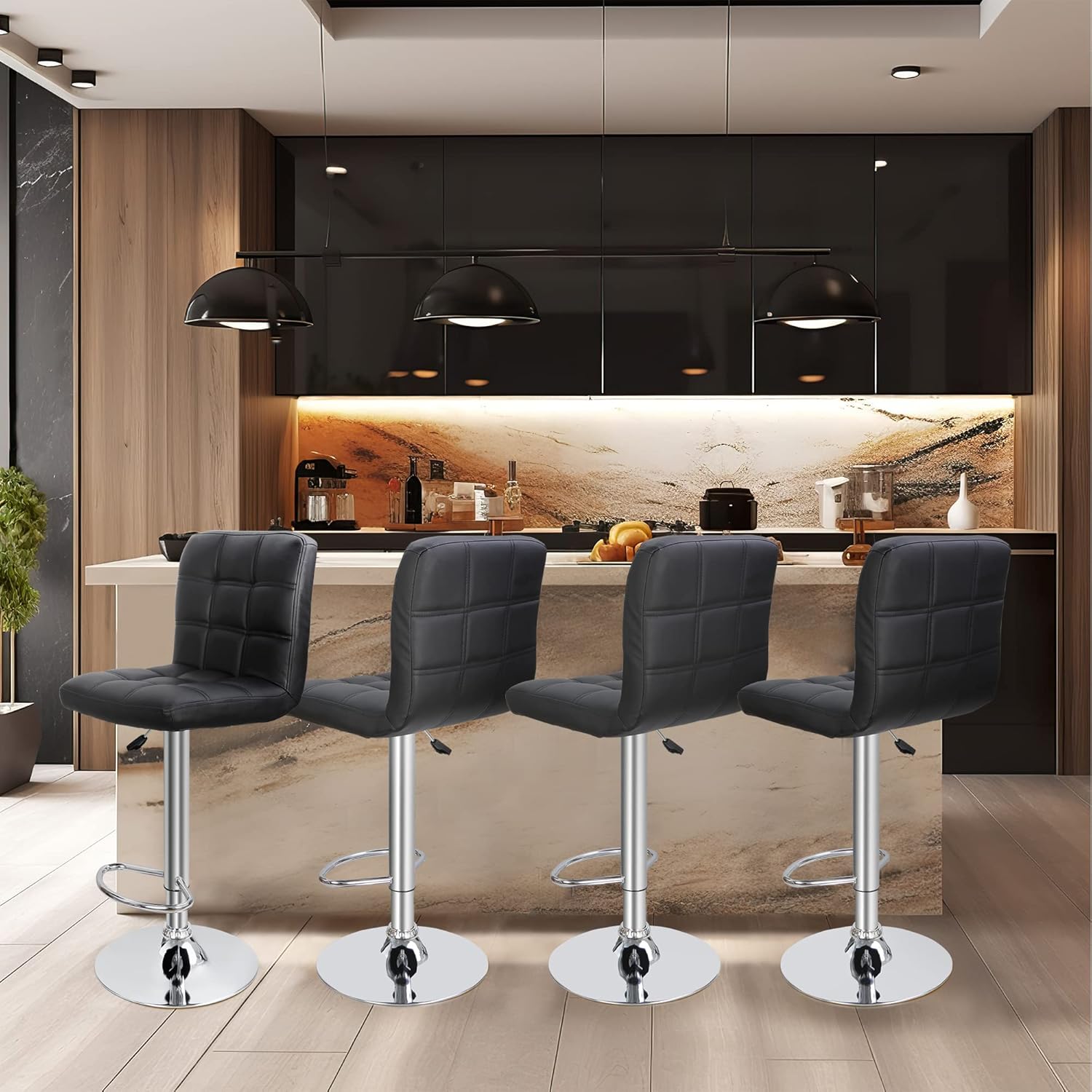 Set of 2 Modern PU Leather Adjustable Swivel Barstools with Square Back