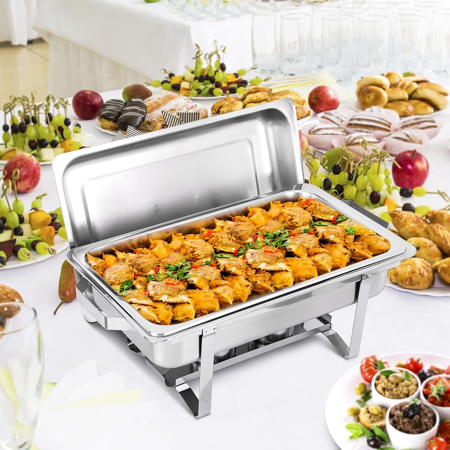 4 Pack 8 Quart Stainless Steel Chafing Dish Set with Water Pan and Fuel Holder