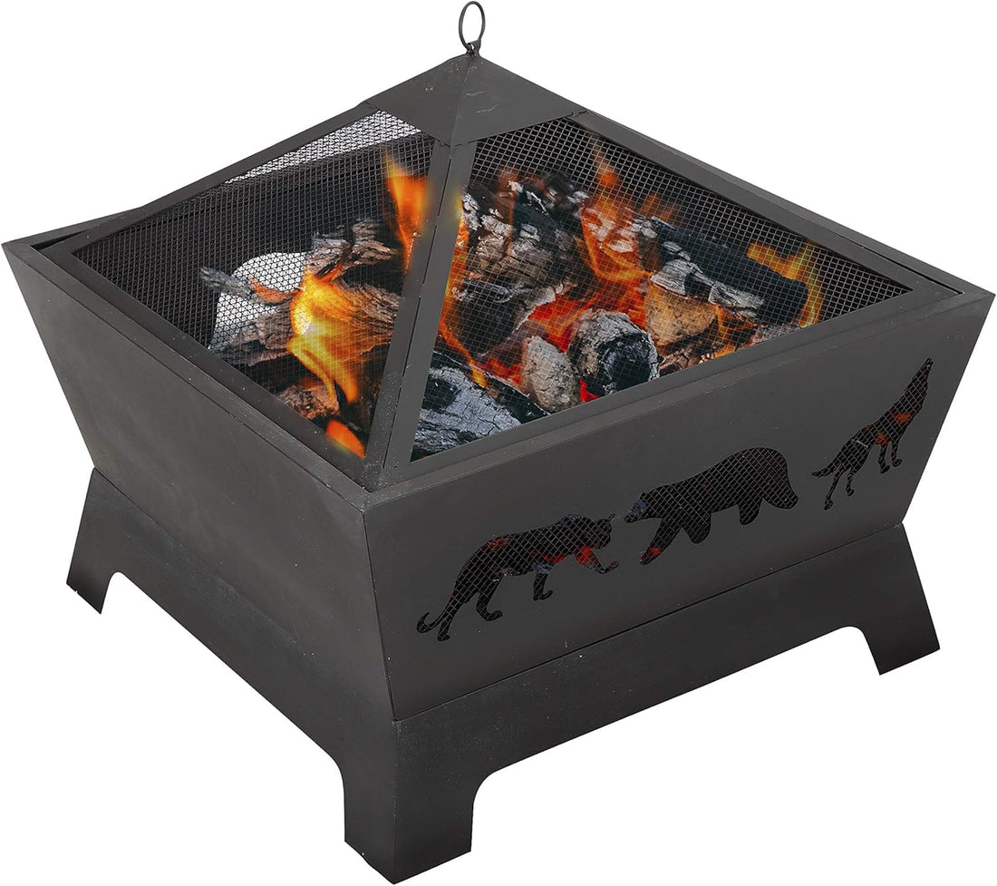 26 inch Heavy Duty Steel Square Wood Burning Patio Firepit Bowl with Screen Waterproof Cover and Poker