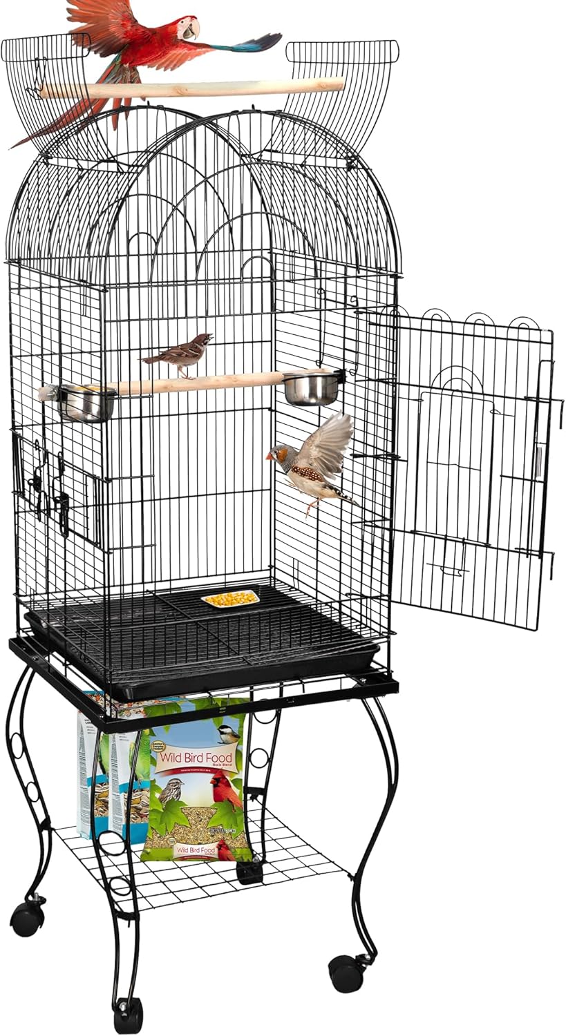 63.5 Inch Open-Top Wrought Iron Bird Cage with Slide-Out Tray + Detachable Rolling Stand