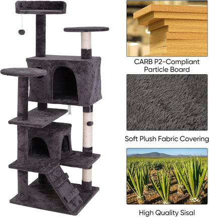 Cat Tree with Sisal-Covered Scratching Posts and 2 Plush Rooms