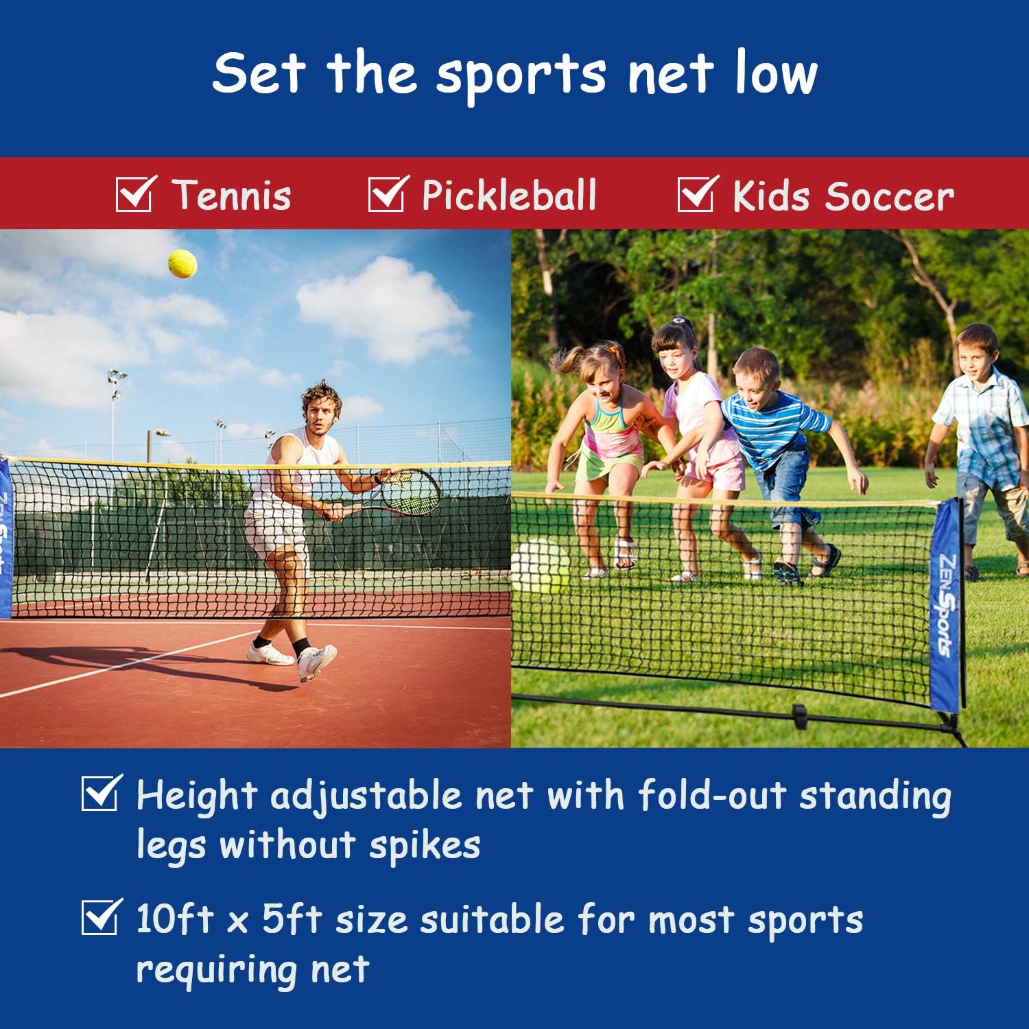 10ft Portable Badminton Tennis Net for Soccer, Pickleball, Kids Volleyball Indoor Adjustable Height 2.5ft to 5ft for Outdoor Court Backyard Beach Games